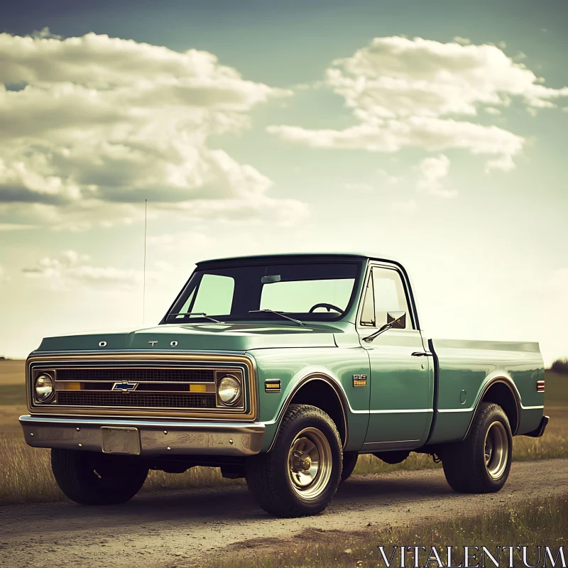 Classic Green Truck in Open Landscape AI Image