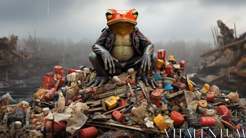Red Frog atop Garbage Pile: A Study in Realism and Surrealism AI Image