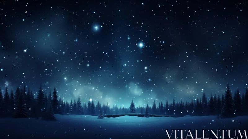 Winter Night Sky - Frosty Landscape with Snowflakes and Starry Sky AI Image