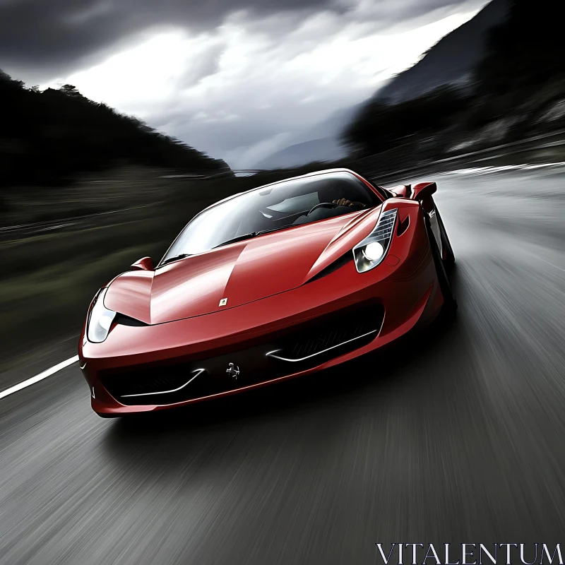 AI ART Red Sports Car in Motion on Scenic Road