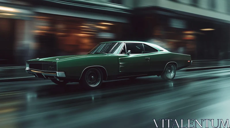 Vintage Green Car in Motion on Rainy Urban Street AI Image