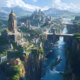 Fantasy Cityscape with Grand Architecture and Waterways