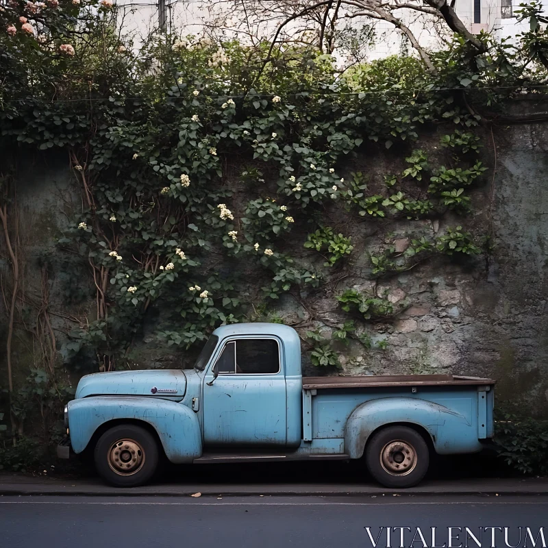 Classic Blue Pickup Truck Near Greenery-Covered Wall AI Image