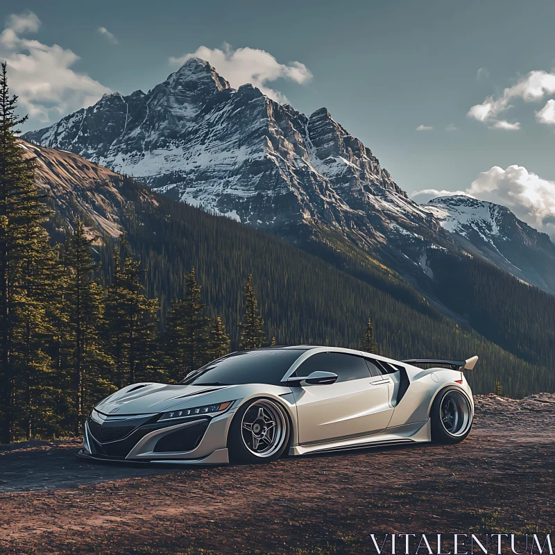 Modern Sports Car Amidst Mountain Scenery AI Image