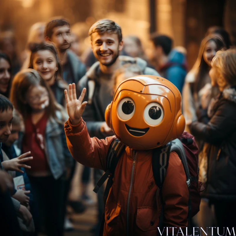 AI ART Boy with Glowing Robot Mask Celebrating in Crowd