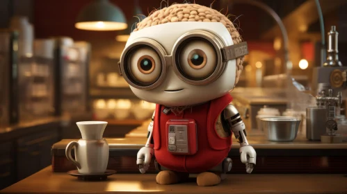 Cute Coffee-Loving Robot with Glasses in Cozy Setting