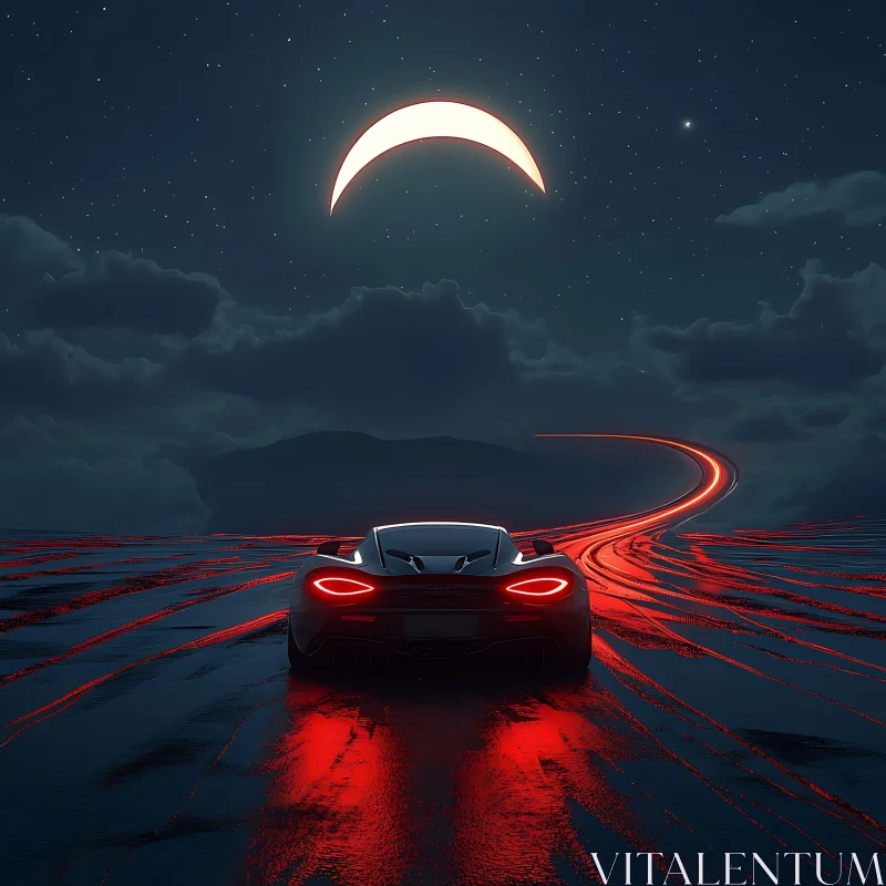 Night Drive: A Glowing Road and Crescent Moon AI Image