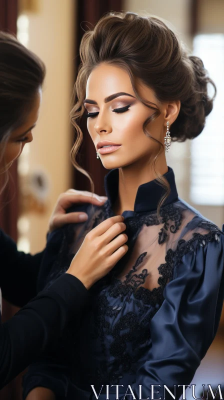 Elegant Woman Applying Makeup | Dark Navy and Navy Attire AI Image