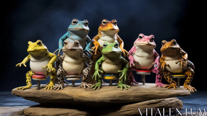 Enigmatic Scene of Frogs in Theatrical Setting AI Image
