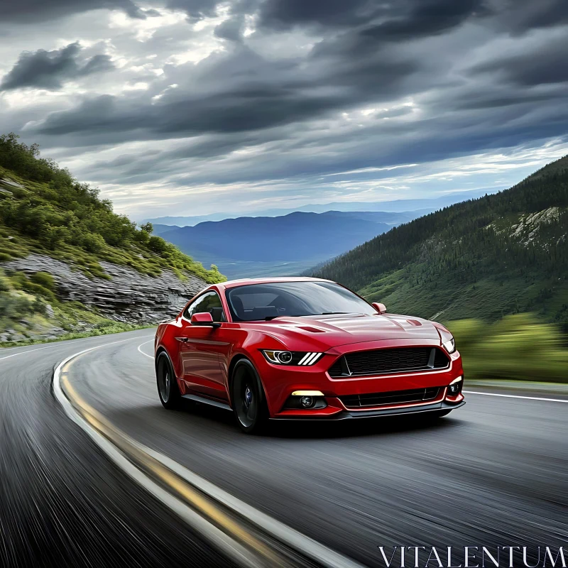 Red Sports Car Driving Through Scenic Mountain Route AI Image