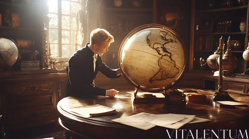 Vintage Study with Globe in Warm Sunlight AI Image