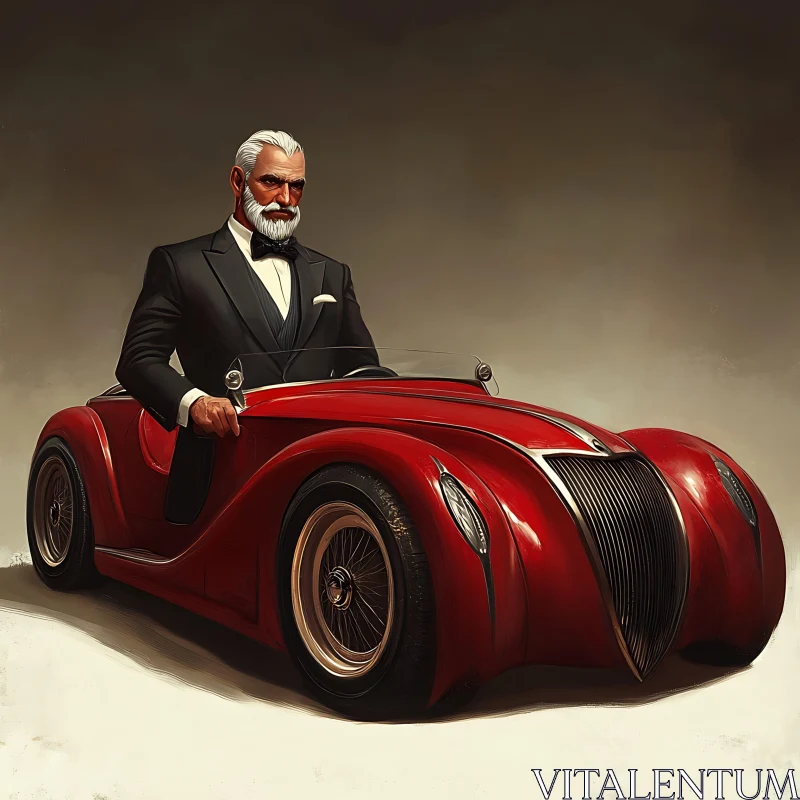 Sophisticated Man in a Vintage Red Automobile AI Image