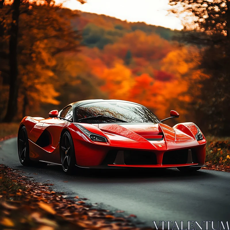 Red Luxury Car in Autumn Landscape AI Image