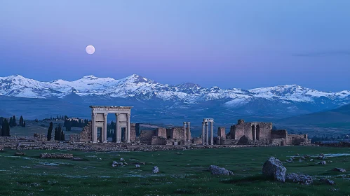 Moonlit Ancient Ruins with Snowy Mountain Scenery