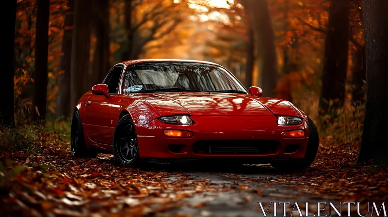 Classic Red Car in Fall Forest AI Image