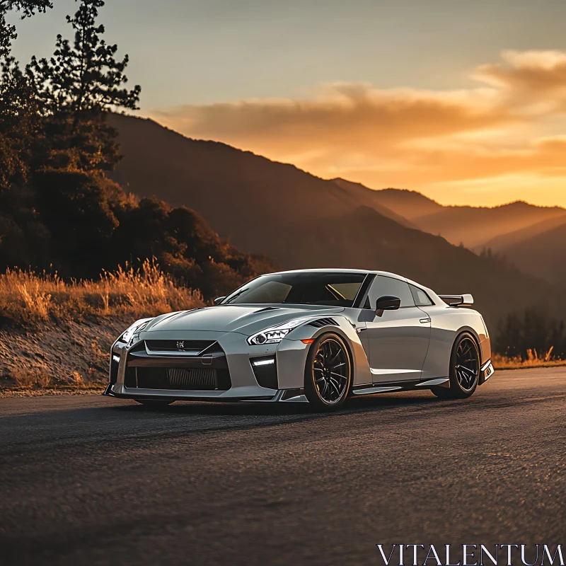 Luxury Silver Sports Car at Sunset AI Image