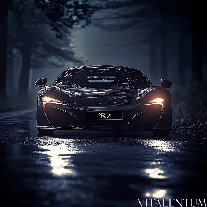 Sleek Black Car Amidst Misty Woods AI Image