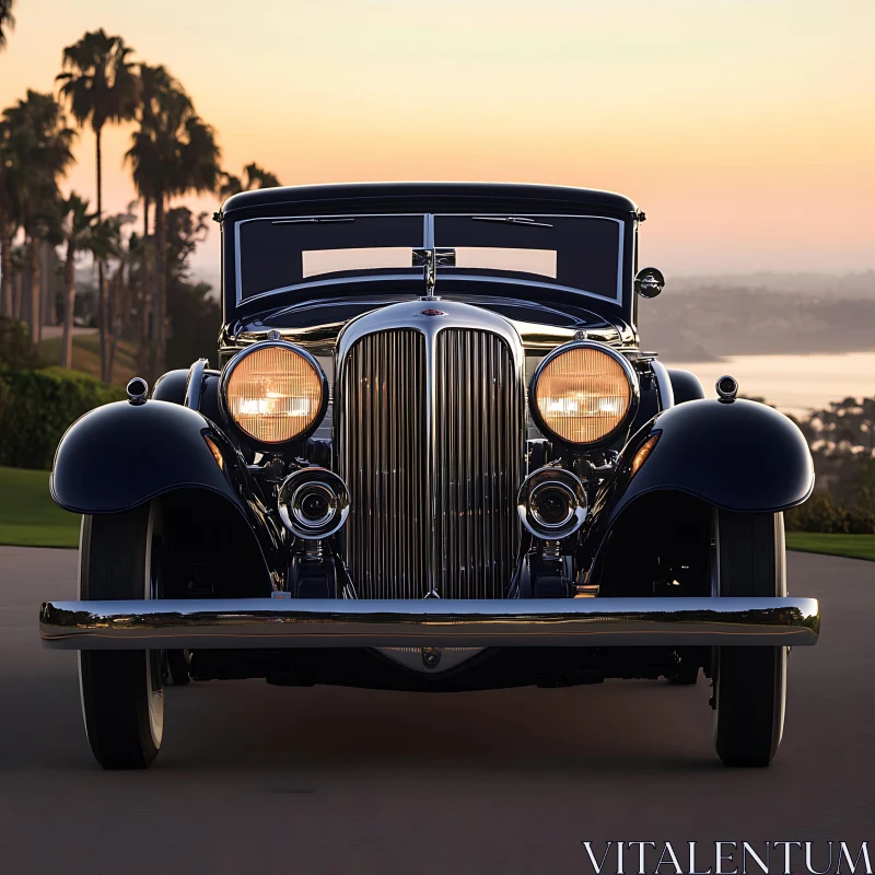 Classic Automobile at Dusk with Reflective Chrome Details AI Image