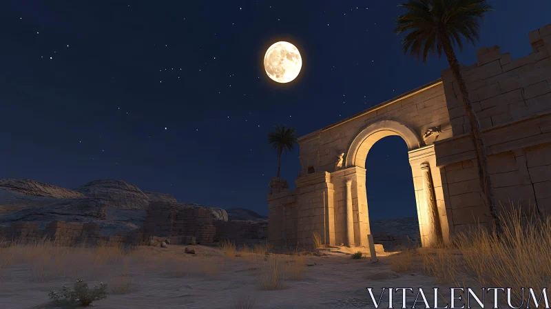 Ancient Archway in Desert Landscape with Full Moon AI Image