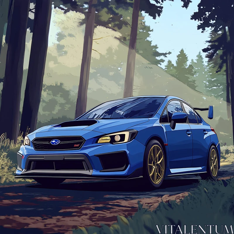 Stylish Blue Sports Car in a Woodland Setting AI Image