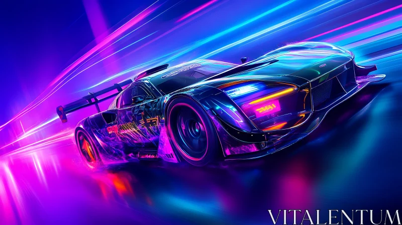 Sleek Race Car in Motion with Neon Lights AI Image