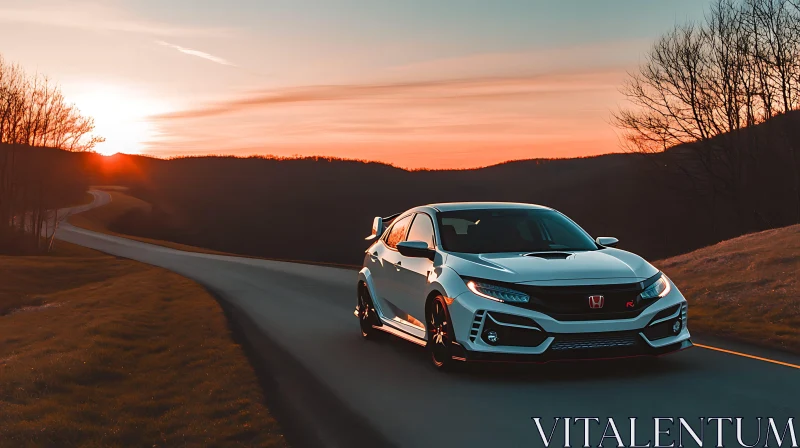 Elegant Car Amidst Serene Sunset Landscape AI Image