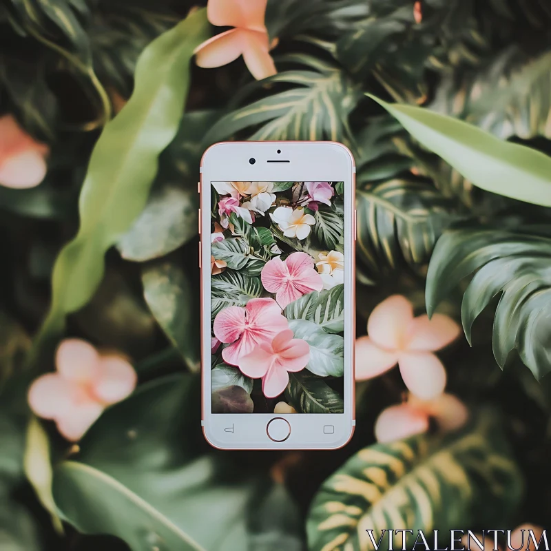 Floral Smartphone Display in Natural Setting AI Image