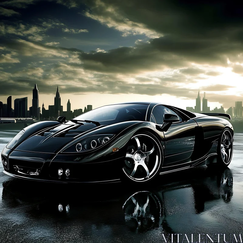 Luxury Black Supercar with City Background AI Image