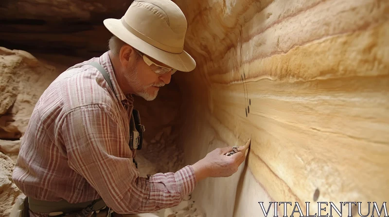 Exploration of Historical Petroglyphs in Sandstone Cave AI Image