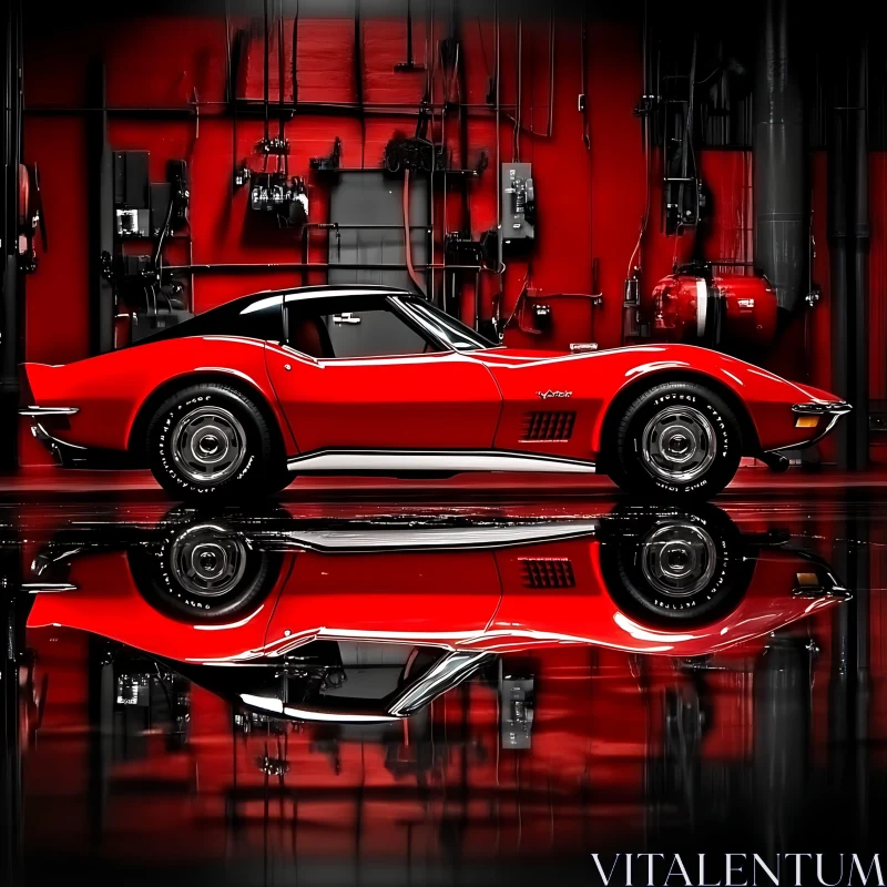 Vintage Red Sports Car with Garage Reflections AI Image