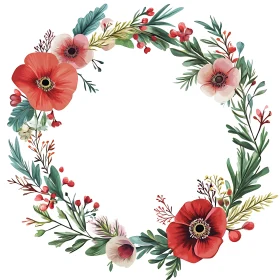 Botanical Wreath with Red Flowers and Leaves