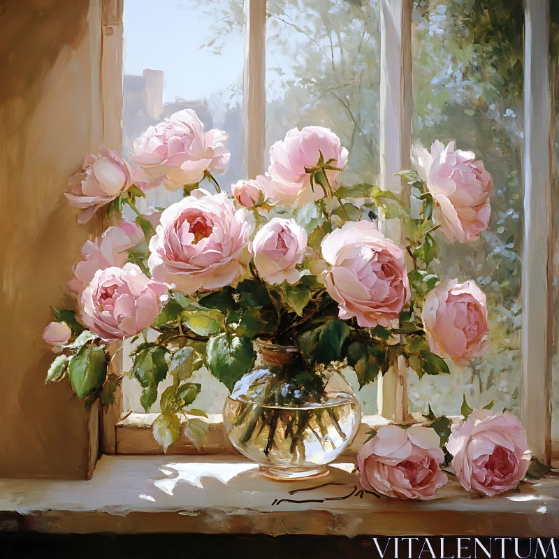 AI ART Serene Display of Pink Roses in Sunlit Interior