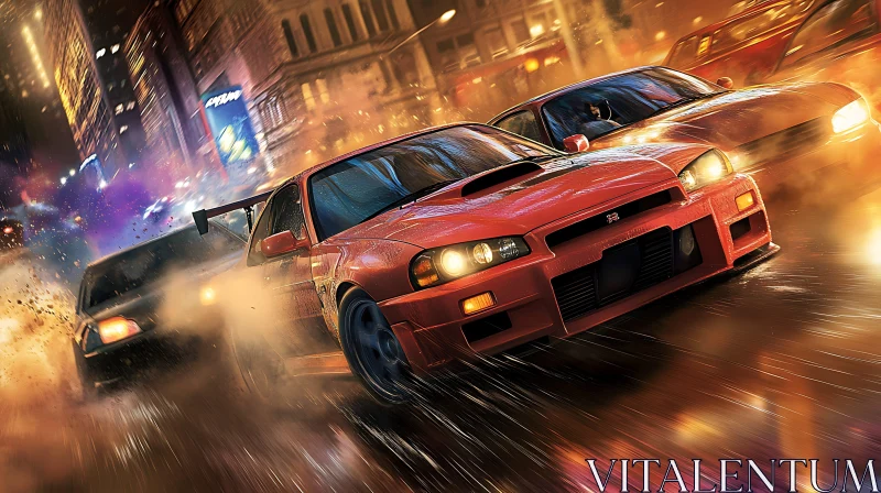 Intense Urban Street Racing at Night AI Image