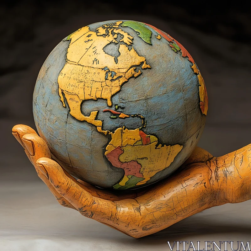 Sculpted Hand Holding Detailed Globe with Americas AI Image