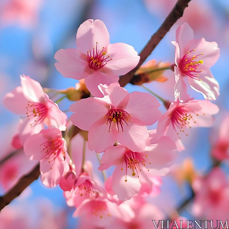 Pink Cherry Blossoms Against a Blue Sky AI Image