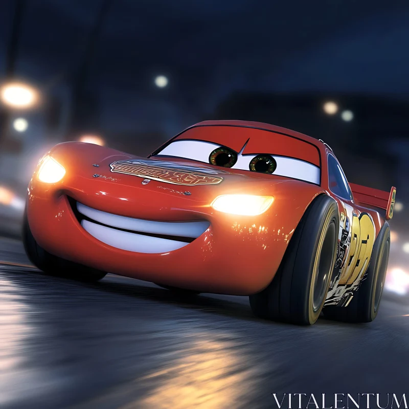 Smiling Animated Race Car in Night Scene AI Image