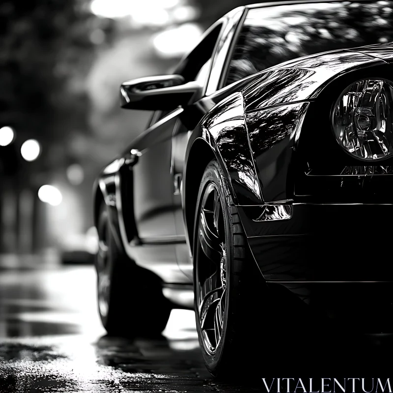 Sleek Black Car in Rainy Urban Setting AI Image