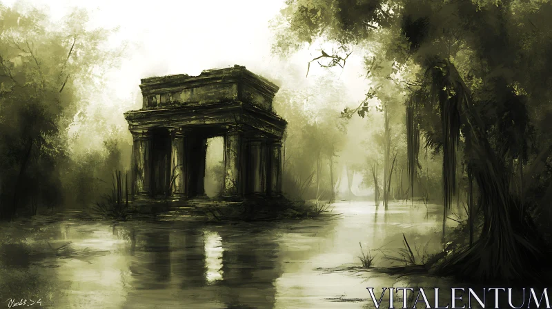 Ancient Ruins in Foggy Woods AI Image