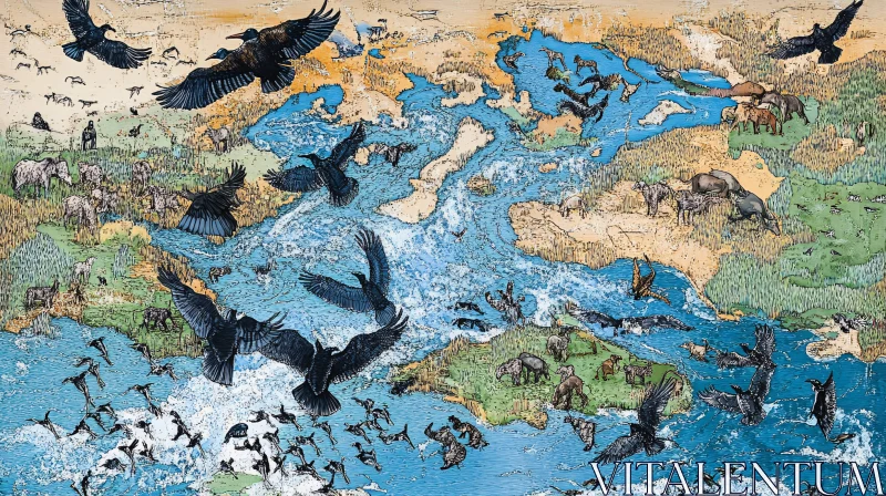 Aerial Bird Migration Over World Map AI Image