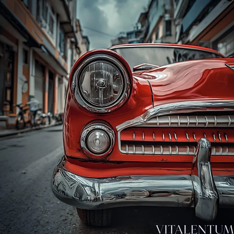 Old Red Car Captured on City Street AI Image