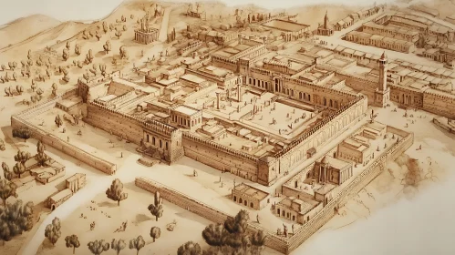 Historical Sepia Drawing of Ancient Fortified City