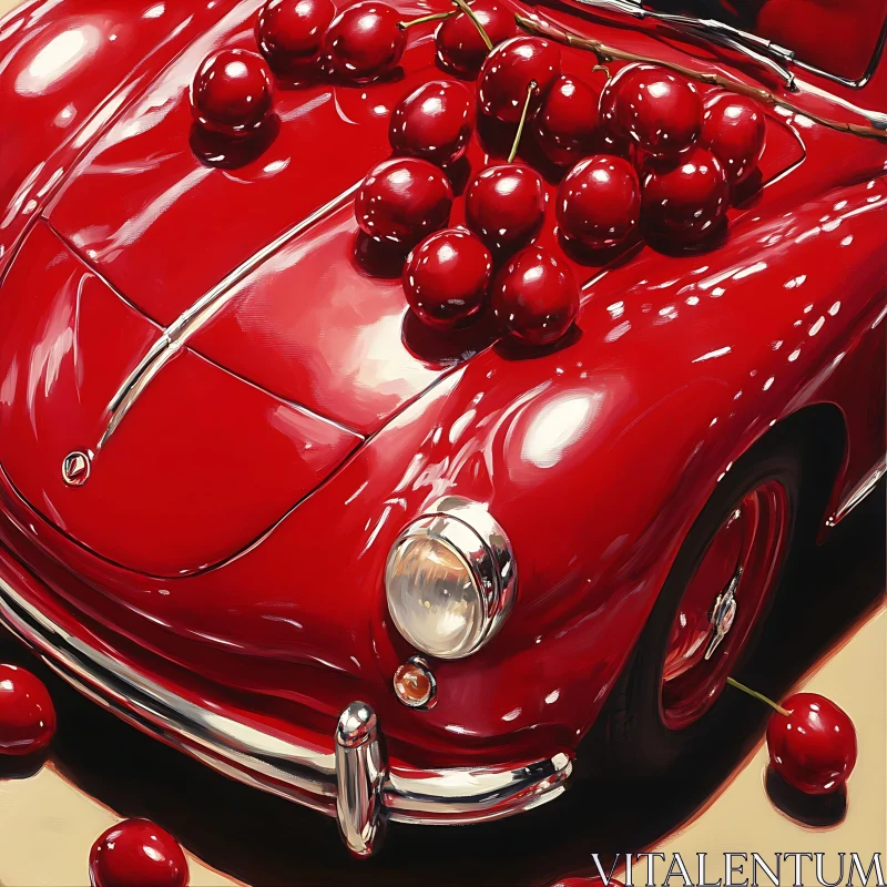 Classic Red Car with Cherries on Hood AI Image