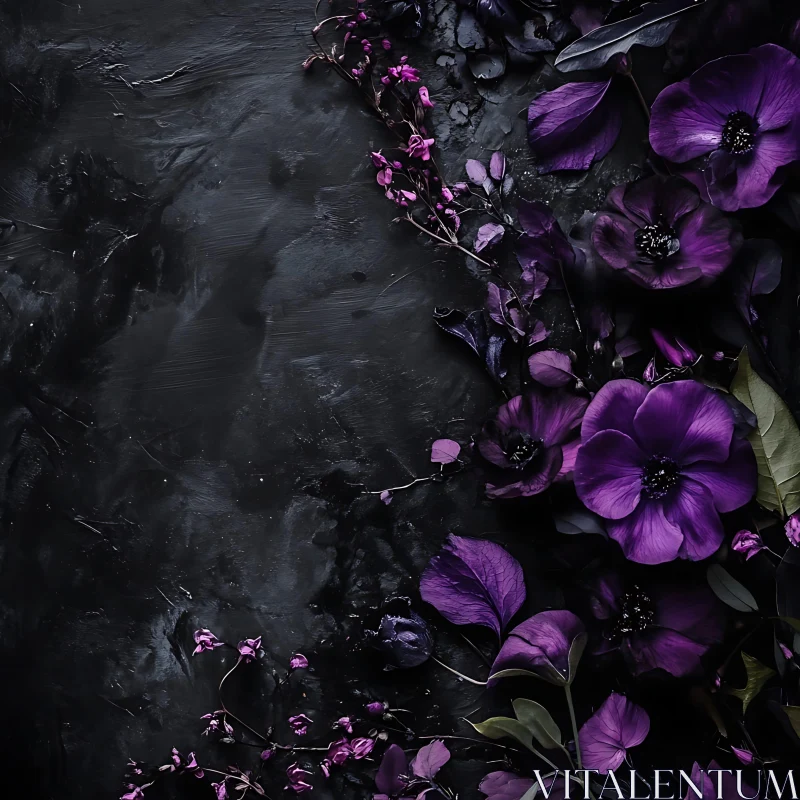 AI ART Violet Blossoms on Dark Canvas