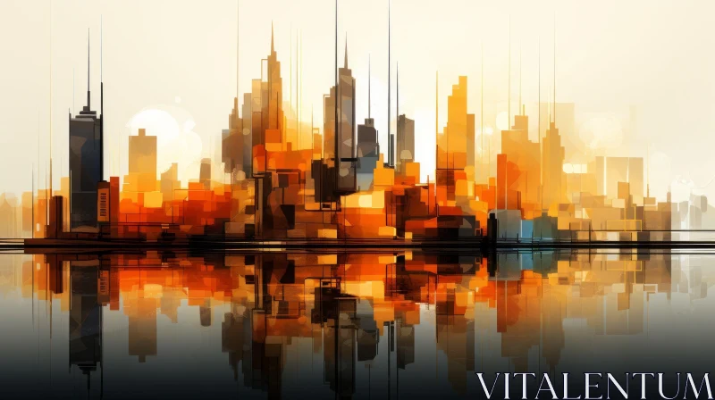 Abstract Cityscape in Orange and Amber - Mirrored New York Panorama AI Image