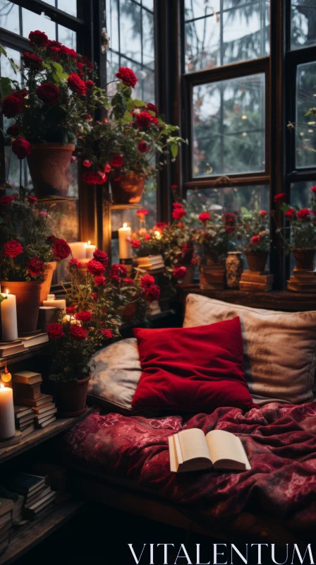 Cozy Window Seat with Red Book | Romantic Themes | Atmospheric Installations AI Image