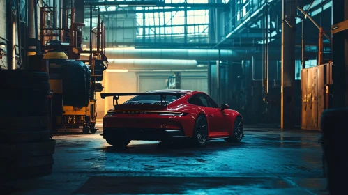 Sleek Red Sports Car in a Gritty Garage