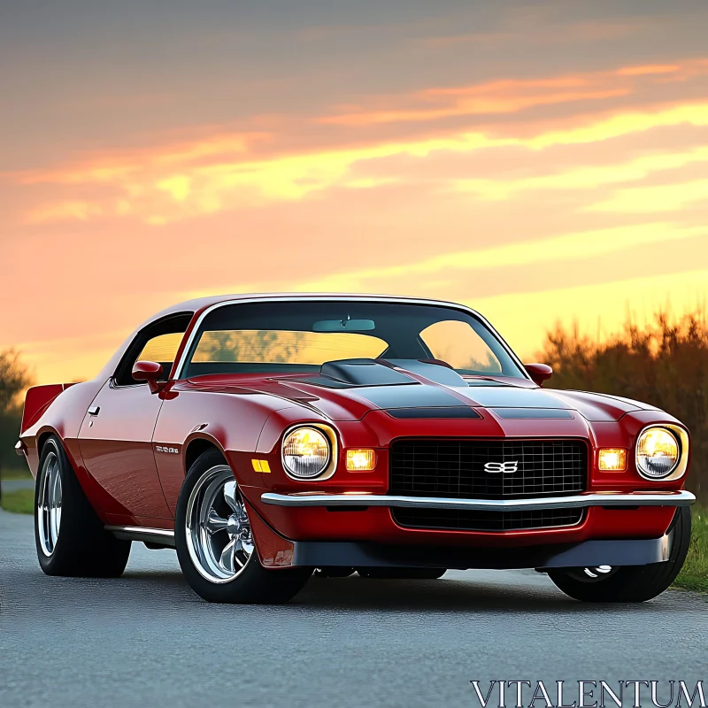 Vintage Red Muscle Car at Dusk AI Image