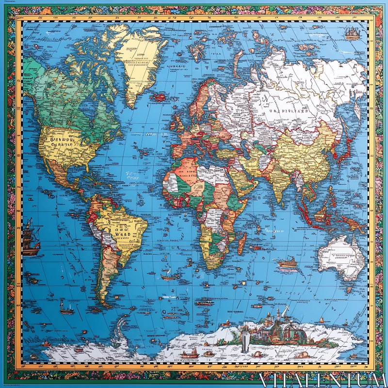 Antique-style World Map with Decorative Border AI Image