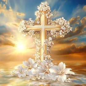 Radiant Cross Adorned with White Flowers at Ocean Sunset