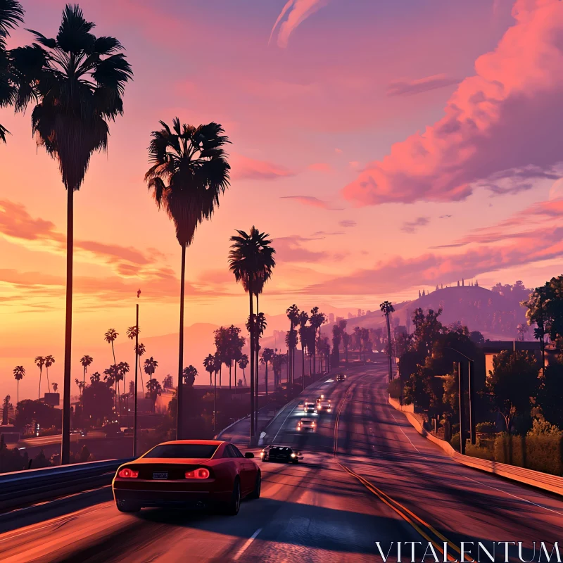 Cars Driving into Sunset on Scenic Palm-Lined Road AI Image